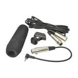 QTX SG350 shotgun microphone accessories from AVSL, showing foam windshield, XLR cable, hot-shoe mount clip and 3.5mm to XLR adapter lead on white.