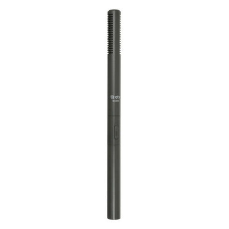 The QTX SG350 Long Shotgun Microphone is a black microphone with a cylindrical body, featuring a cardioid/hypercardioid polar pattern and a slotted top for capturing directional sound. The brand logo is prominently displayed on the front, and it includes an XLRM connector for professional audio recording.