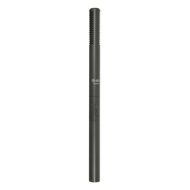 The QTX SG350 Long Shotgun Microphone is a black microphone with a cylindrical body, featuring a cardioid/hypercardioid polar pattern and a slotted top for capturing directional sound. The brand logo is prominently displayed on the front, and it includes an XLRM connector for professional audio recording.