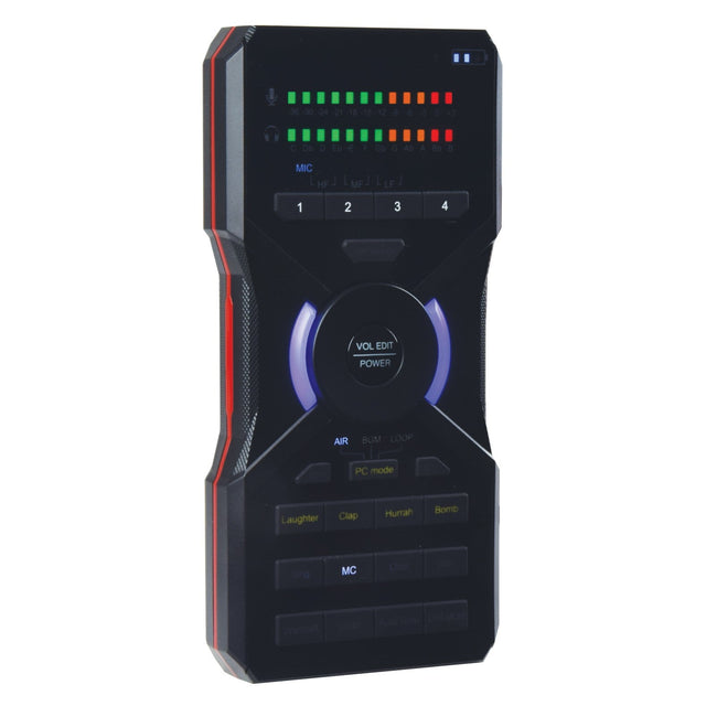 The Citronic X-PAD Portable Audio Device is a black audio mixer equipped with colorful LED lights and various buttons for sound effects. It includes dials labeled VOL, EDIT, and POWER and features a compact, rectangular design with red accents on the edges. Ideal as a portable audio interface or microphone processor for podcasting and recording.