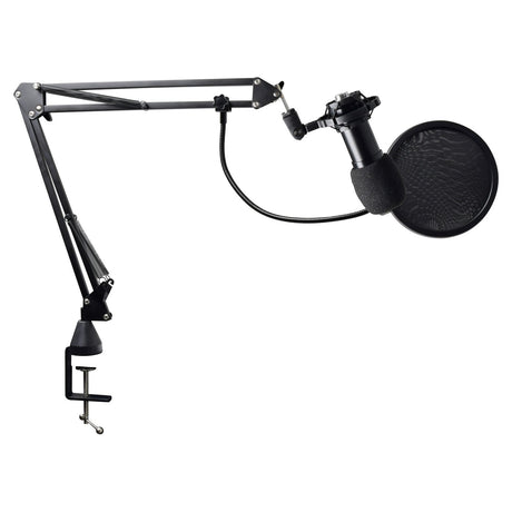 The Citronic USB Studio Microphone Kit, featuring a black microphone stand with an adjustable arm and a clamp base, securely holds a USB condenser microphone. It comes equipped with a pop filter to ensure studio-quality audio, making it ideal for use with digital recording software. The setup is displayed isolated against a white background.