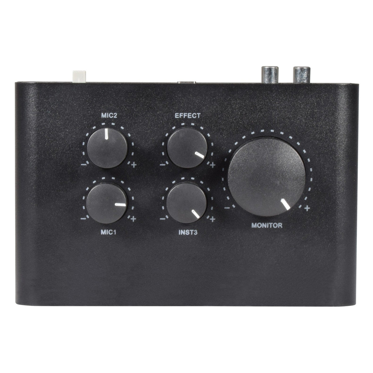 The Citronic USB Audio Interface - 2 Microphone + 1 Instrument is a sleek black USB soundcard featuring five knobs labeled MIC2, MIC1, EFFECT, INST3, and the largest knob labeled MONITOR. Ideal for DAW recording, it offers two microphone input jacks on the top right for seamless connectivity.