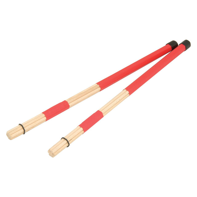 The Chord Hepta-Rods Maple Pair consists of drumsticks made from maple dowels, highlighted with red polyolefin grips and black tips, positioned parallel to one another on a pristine white background.