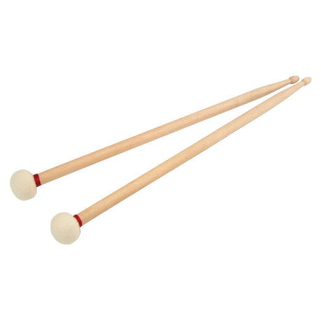 A pair of Chord Percussion Mallet-Sticks with round white felt heads and small red bands near the heads, resembling the classic shape of wood-tip maple drumsticks, set against a white background.
