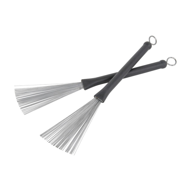 Chord WBRUSH retractable wire drum brushes shown as a crossed pair with matt black plastic handles and fanned steel wire bristles on a white background.