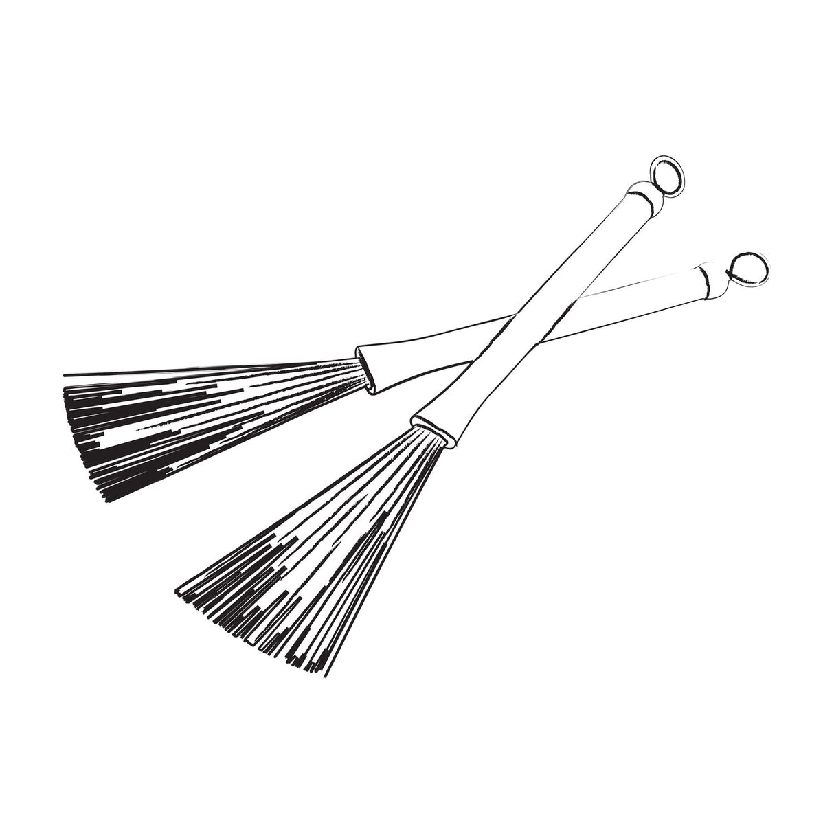 Line-drawn illustration of Chord WBRUSH retractable wire drum brushes crossed as a pair with black plastic handles and fanned wire bristles.