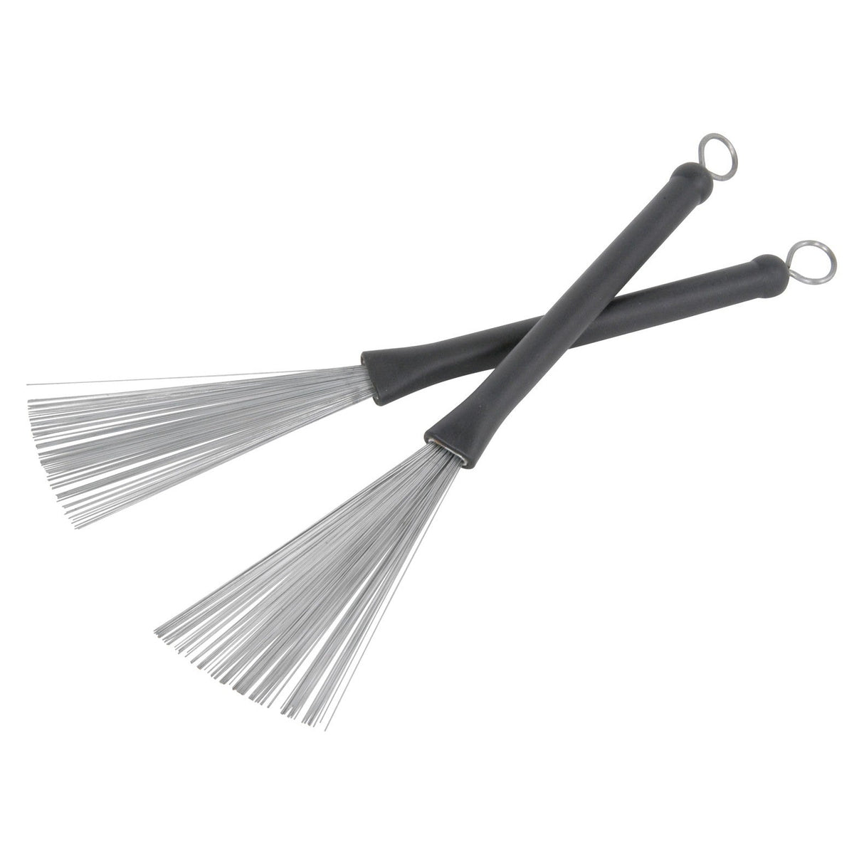 A pair of Chord Wire Drum Brushes, featuring metal bristles and black horizontal handles, are crossed over each other. These brushes come equipped with durable black plastic handles and handy metal loops at the ends for easy storage.