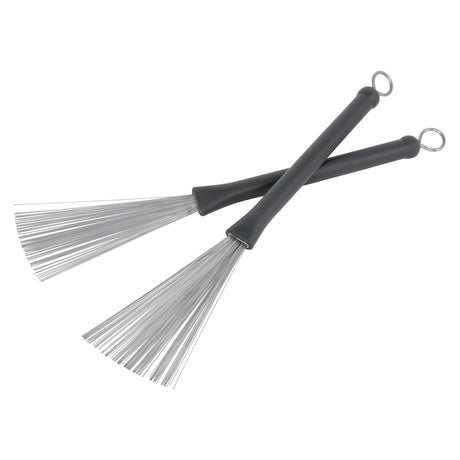 A pair of Chord Wire Drum Brushes, featuring metal bristles and black horizontal handles, are crossed over each other. These brushes come equipped with durable black plastic handles and handy metal loops at the ends for easy storage.