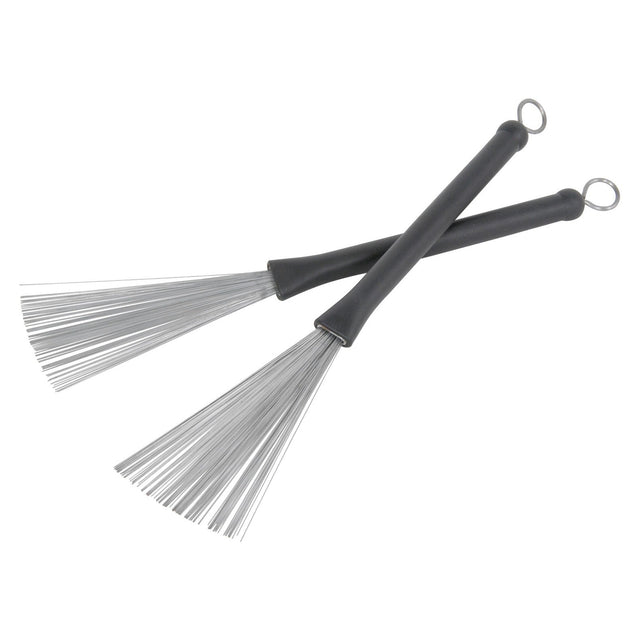A pair of Chord Wire Drum Brushes, featuring metal bristles and black horizontal handles, are crossed over each other. These brushes come equipped with durable black plastic handles and handy metal loops at the ends for easy storage.