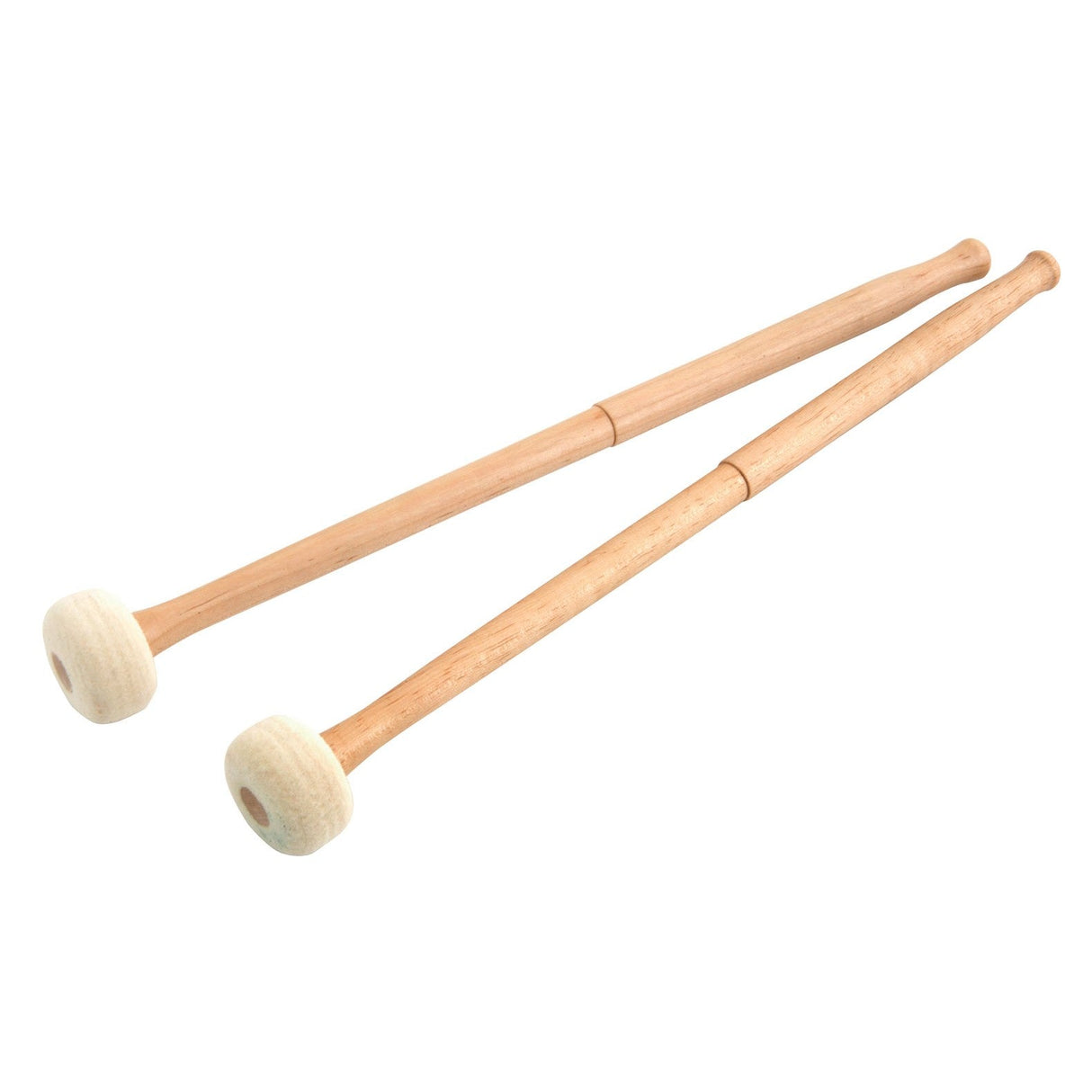 Two Chord Percussion Mallets - Hard Felt, featuring rounded handles crafted from fine maple wood and soft beige heads, designed for percussion instruments. The mallets are arranged parallel to each other on a white background.