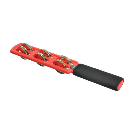 Chord PJS06 jingle stick with six pairs of steel tambourine jingles in a red moulded plastic body and black foam grip handle, on a white background.