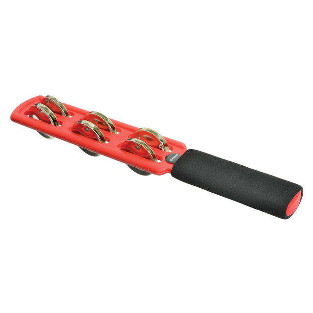 The Chord Jingle Stick is a red and black handheld tool equipped with multiple small wheels arranged in two rows, perfect for exercise or muscle massage and featuring a comfortable foam grip.