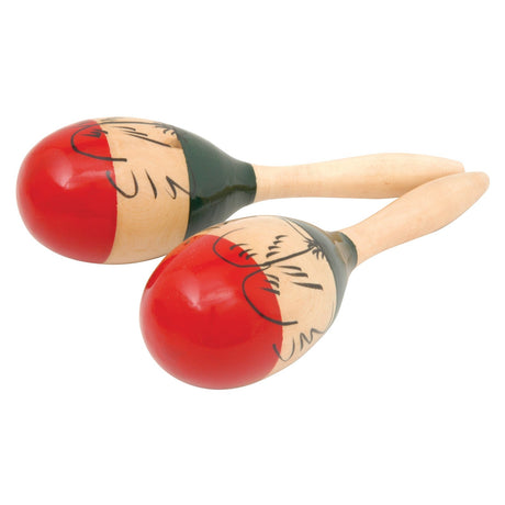 The Chord Wood Maracas - 10" showcase a traditional style with vibrant red and green painted tops adorned with decorative black line designs, all set against light-colored wooden handles.