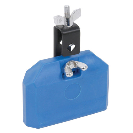 The Chord Plastic Block High - Blue features a metallic wingnut and a black bracket, reminiscent of drum hardware. Its rectangular shape has cut corners, while the face is marked with a circle. The bracket enables adjustable positioning, secured by the top-mounted wingnut.