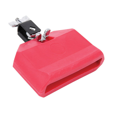 Chord PLB-L low-pitched red plastic percussion block with integral chrome clamp and wingnut bracket, shown on a plain white background.