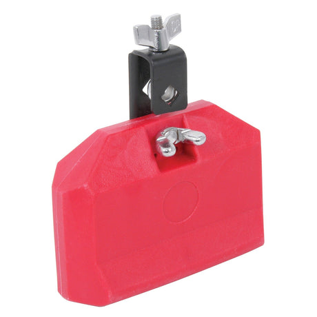 The Chord Plastic Block Low - Red features a close-up of its red design with a black clamp and silver wing nut on top. Made from durable plastic resin for safety applications, it is used to lock circuit breakers. Its rectangular shape includes beveled edges for added functionality.