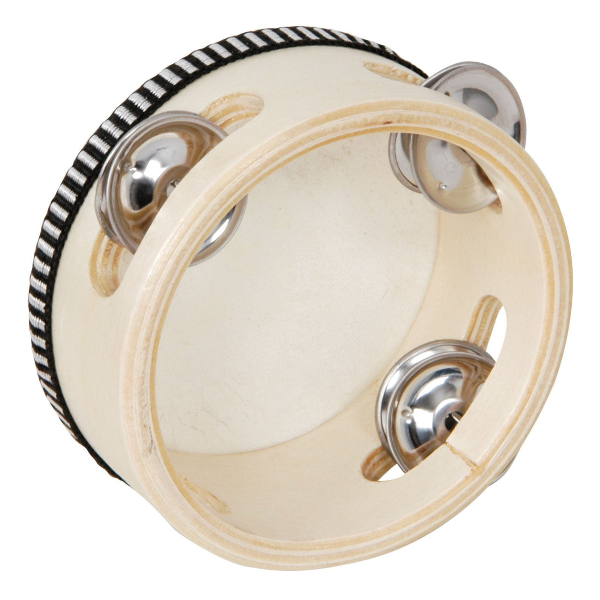 A close-up image of the Chord Headed Tambourine 10cm (4") showcasing its light wooden frame and black-and-white-striped edge. This tambourine is adorned with three pairs of shiny metal jingles that glisten beautifully.