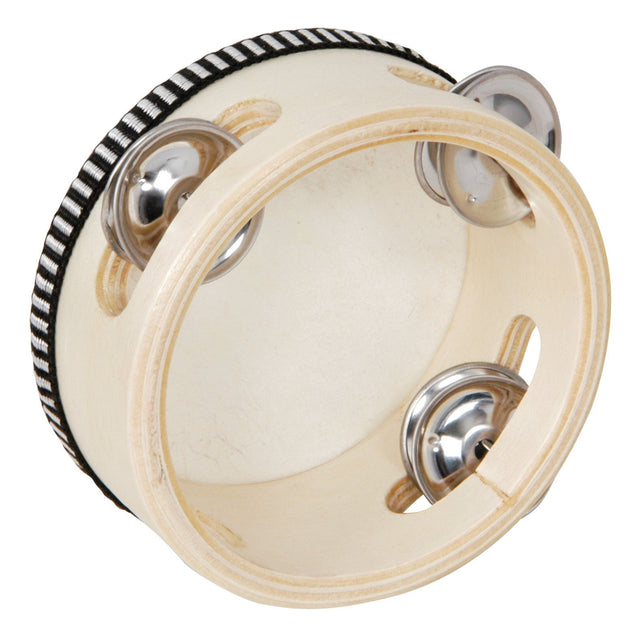 A close-up image of the Chord Headed Tambourine 10cm (4") showcasing its light wooden frame and black-and-white-striped edge. This tambourine is adorned with three pairs of shiny metal jingles that glisten beautifully.