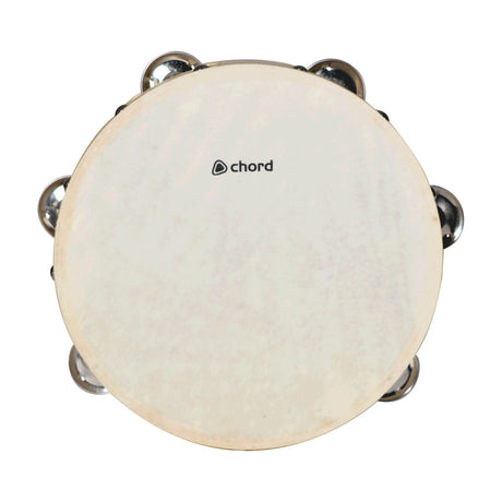 Chord TAMB08H 8" headed tambourine with a wooden ring, natural hide head, and paired metal jingles, shown head-on against a plain white background.