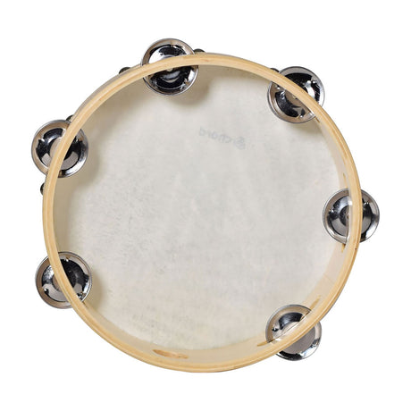 Chord TAMB08H 8" headed tambourine with a natural wooden ring, hide head, and pairs of metal jingles set around the frame, on a white background.
