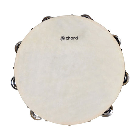 Chord TAMB10H 25cm headed tambourine with natural hide head, wooden ring and double rows of metal jingles, shown from above on a white background.