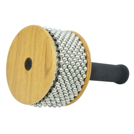 The Chord Afuche Cabasa - 11cm is a wooden percussion instrument with chromed beads encircling its cylindrical body and equipped with a black handle, ideal for producing rhythmic sounds and distinctive percussion effects.