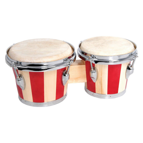 The Chord Bongos With Carry Bag - 2 Tone Red showcase red and beige vertical stripes on their wooden structure, natural drumheads, and chrome hardware. They are connected by a wooden beam and include a tuning key for precise sound adjustments.