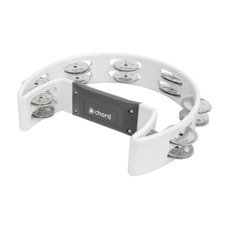 Chord TAMB-SD-WH white D-shape plastic tambourine with black ergonomic grip and two rows of paired metal jingles, shown on a plain white background.