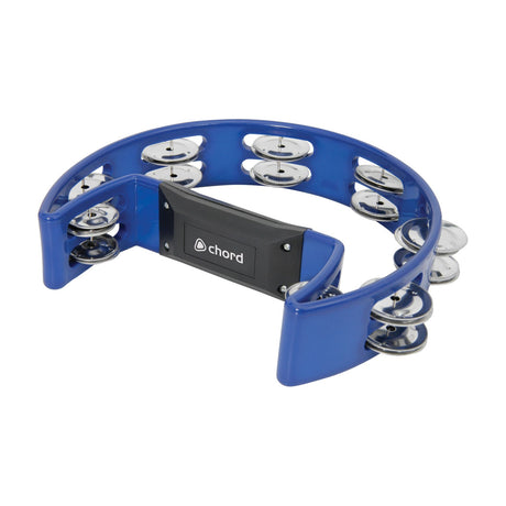 Chord TAMB-SD-BL blue D-shape plastic tambourine with two rows of paired steel jingles and black ergonomic grip, shown on a white background.