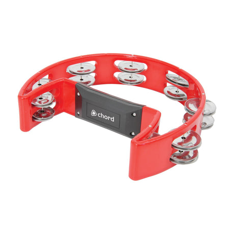Chord TAMB-SD-RD red D-shape plastic tambourine with black ergonomic grip and two rows of paired metal jingles, shown on a plain white background.