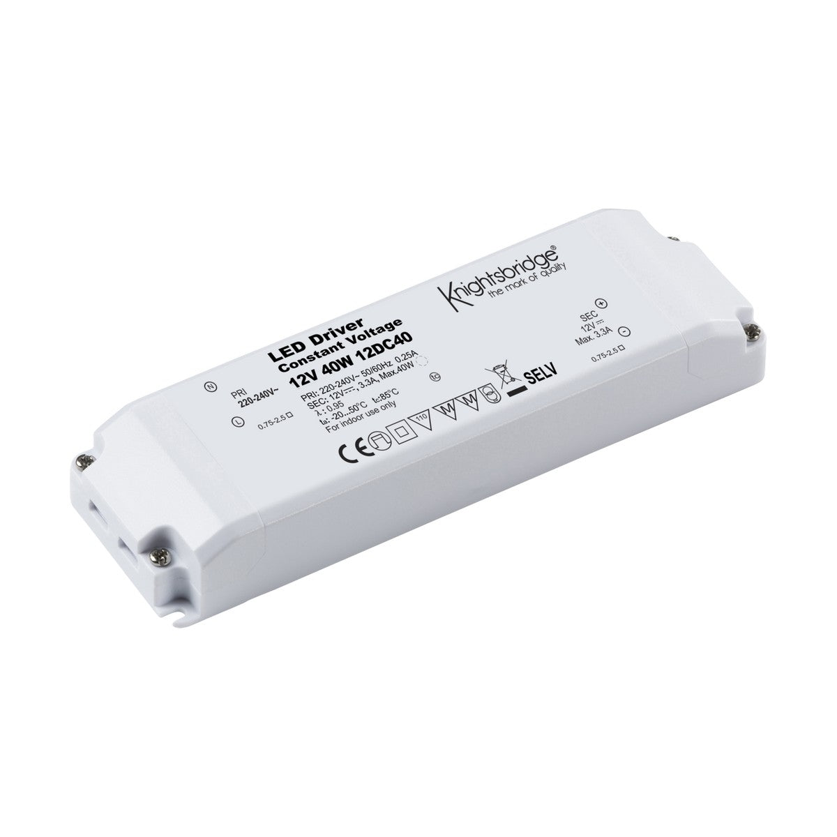 The Knightsbridge 40W Constant Voltage LED Driver in white offers overload protection and a rectangular design, featuring two connection points on each end. It displays specifications such as 12V, 40W, and 120°C40, along with model details and safety certifications.