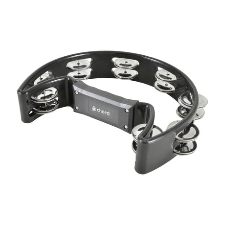 Chord TAM-SD-BK D-shape black plastic tambourine with two rows of paired steel jingles and moulded grip, shown on a plain white background.