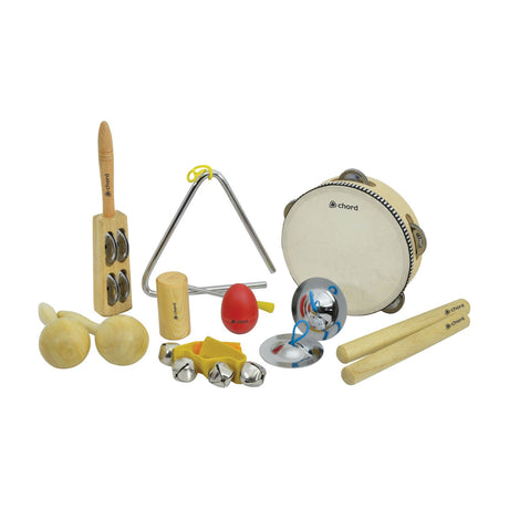 Chord CPS09 9-piece hand percussion set by AVSL with tambourine, maracas, shakers, claves, jingle band, finger cymbals and triangle on white.