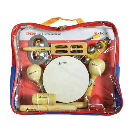 Chord CPS09 9-piece hand percussion set with tambourine, maracas, claves, shaker, egg, jingle stick, finger cymbals and triangle in a zipped bag.