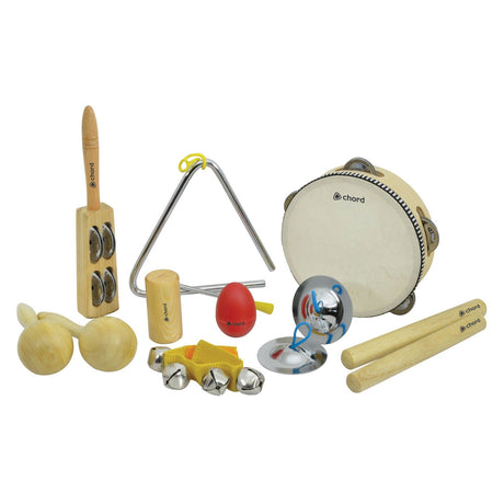 The Chord Hand Percussion Set - 9 Instruments is elegantly displayed on a white background, showcasing maracas, a tambourine, bells, a triangle, claves, and a guiro with a scraper—ideal for producing enchanting rhythmic melodies.