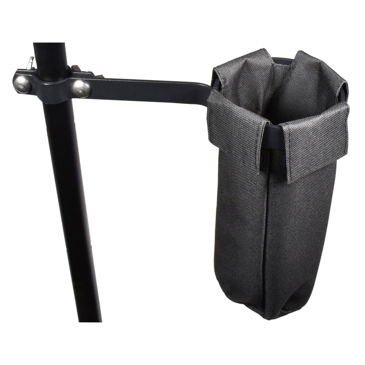 The Chord Drum Stick Holder features a black bracket, similar to a drum hardware clamp, that secures to a vertical pole and holds a gray fabric bag. The cylindrical bag is open at the top, making it ideal for storing small items or drumsticks. Bolts ensure the bracket stays firmly in place, while the textured fabric enhances the practicality and character of this accessory.