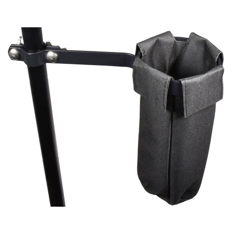 The Chord Drum Stick Holder features a black bracket, similar to a drum hardware clamp, that secures to a vertical pole and holds a gray fabric bag. The cylindrical bag is open at the top, making it ideal for storing small items or drumsticks. Bolts ensure the bracket stays firmly in place, while the textured fabric enhances the practicality and character of this accessory.