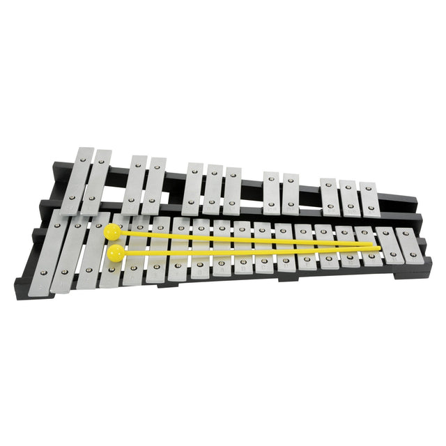 The Chord Glockenspiel 30 Notes, a delightful musical instrument, boasts silver metal notes arranged on a black frame, accompanied by two yellow mallets resting on top.