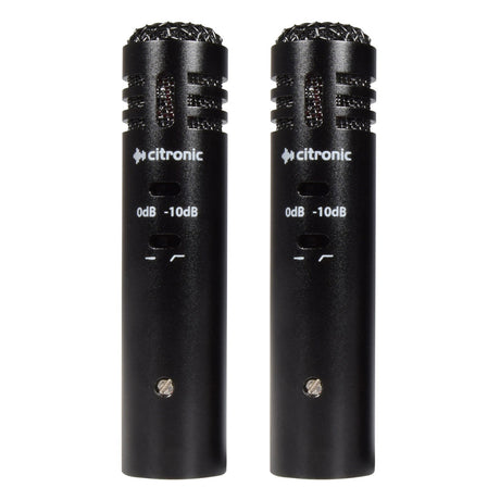 The Citronic EC20 Condenser Microphones, a stereo pair in black with adjustable decibel settings marked 0dB and -10dB, are positioned upright against a white background. These miniature cardioid microphones are perfect for stereo recording in environments with high sound pressure levels (SPLs).