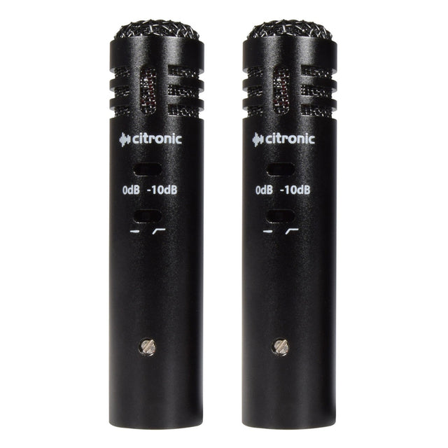 The Citronic EC20 Condenser Microphones, a stereo pair in black with adjustable decibel settings marked 0dB and -10dB, are positioned upright against a white background. These miniature cardioid microphones are perfect for stereo recording in environments with high sound pressure levels (SPLs).