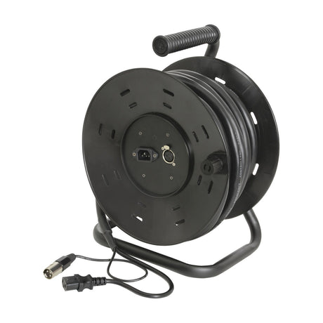 Citronic 20m XLR and IEC multicore cable reel in black with tubular metal stand, folding carry handle, and trailing XLR and IEC plugs.
