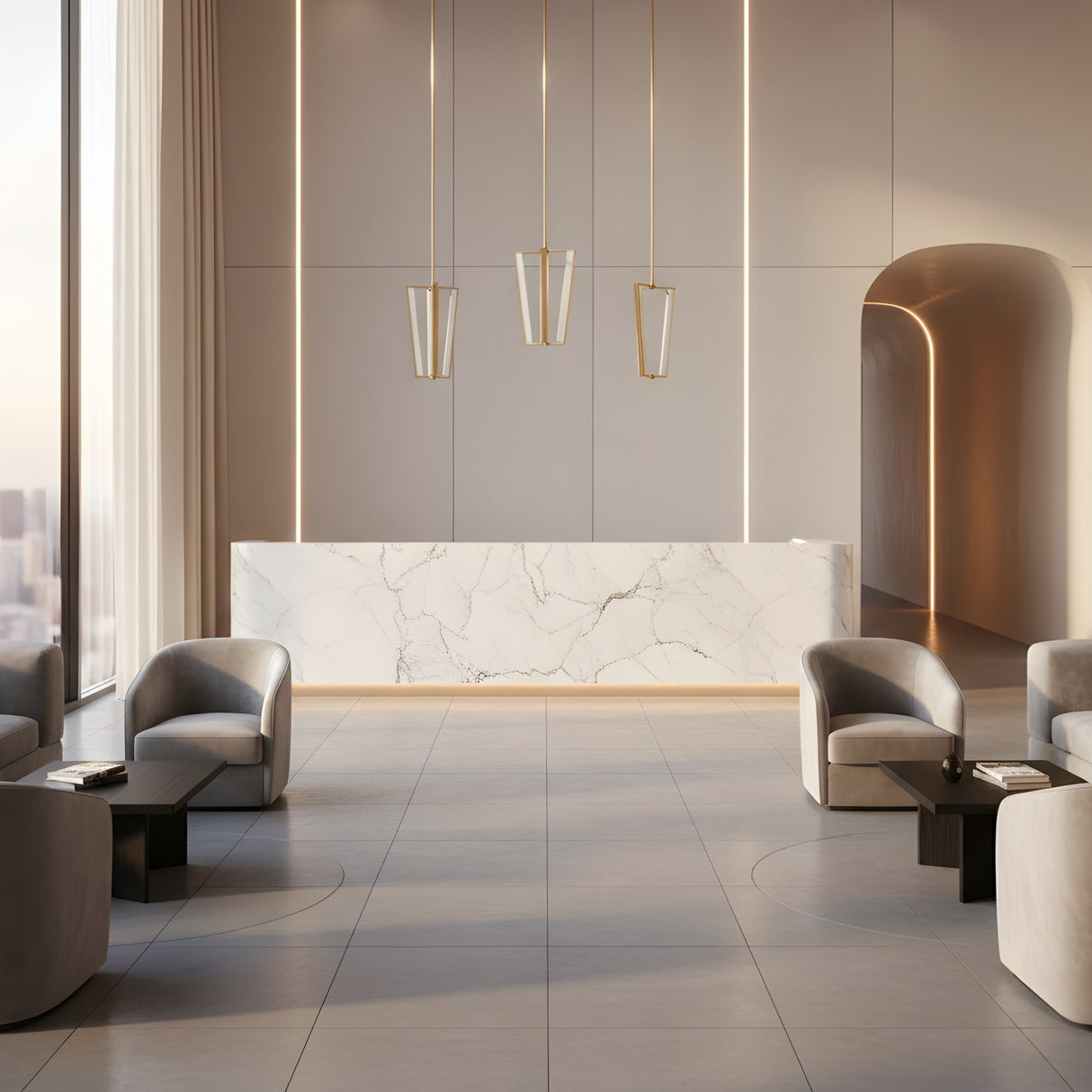 A modern, minimalist hotel lobby with a marble reception desk, Elvaris LED Alabaster Single Pendant Lights in brushed brass & soft white, neutral armchairs, black coffee tables, and large windows flooding the space with natural light.