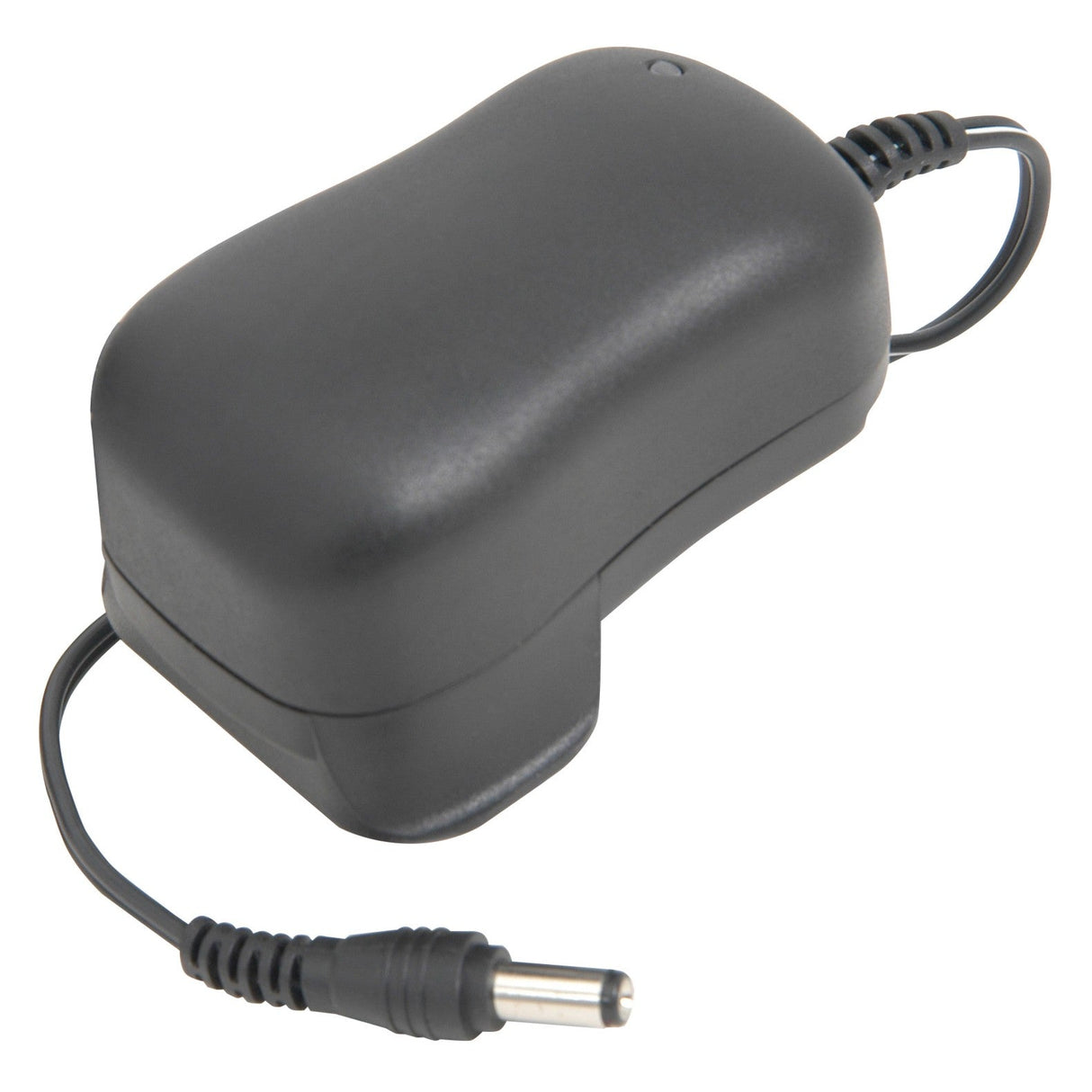 The Chord Guitar Pedal PSU - UK Plug is a black power adaptor featuring a curved, rectangular body and a cable that ends in a cylindrical plug. Ideal for guitar effects, its coiled cable is designed with energy efficiency in mind.