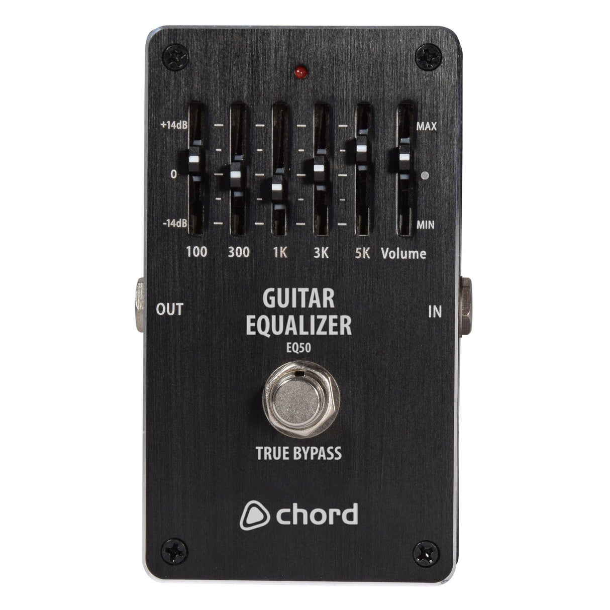 Image of a Chord EQ-50 5-Band Graphic EQ Pedal in black, featuring five frequency-adjustment sliders (100Hz, 300Hz, 1kHz, 3kHz, and 5kHz) and a volume slider for precise tone shaping. The pedal includes IN and OUT buttons along with a TRUE BYPASS switch.