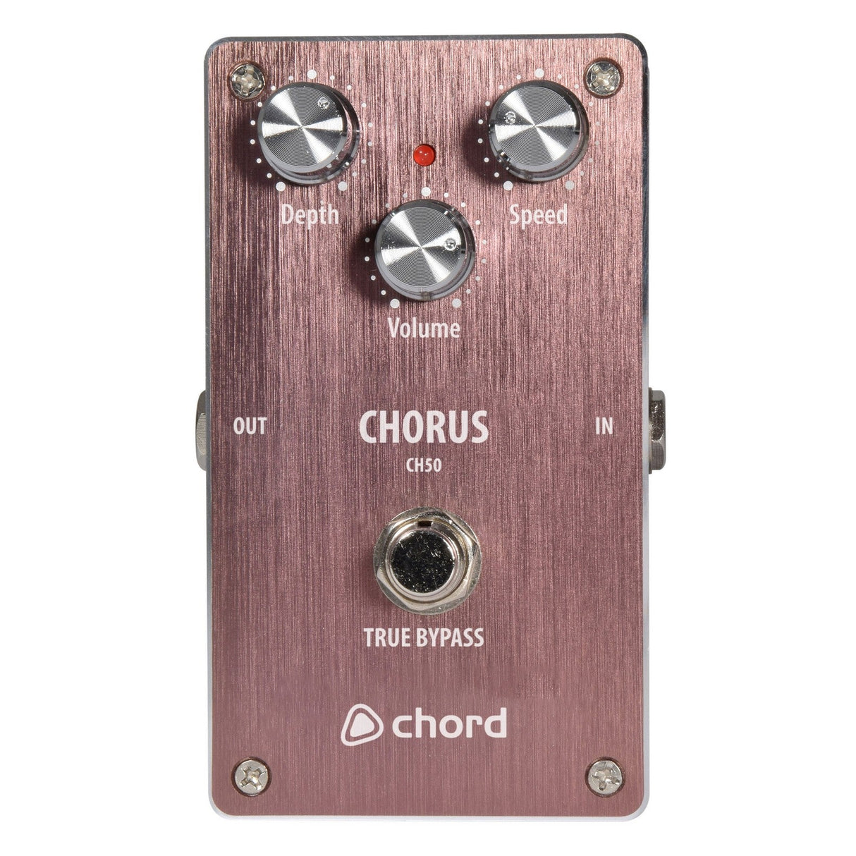 The Chord CH-50 Guitar Chorus Effect Pedal, in a metallic pink finish, offers adjustable settings with three knobs for depth, speed, and volume. It is equipped with input and output jacks on the sides, making it ideal for a range of guitar styles. The brand name 'chord' is prominently displayed at the bottom.