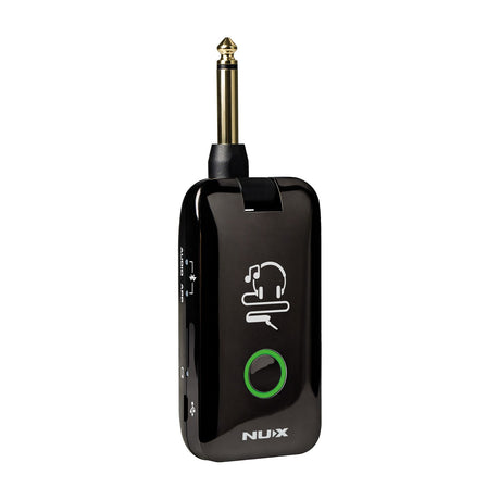 NU-X MP-2 Mighty Plug Bluetooth headphone amp in black with gold 1/4" jack, green control button and USB-C port, shown on a white background.