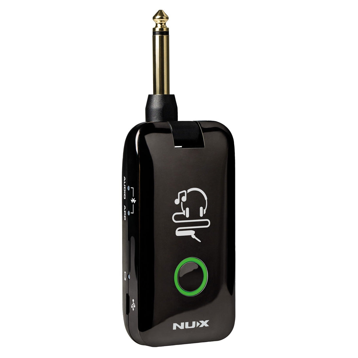 The NU-X Mighty Plug Headphone Amplifier With Bluetooth & USB is a sleek black guitar headphone amplifier featuring a quarter-inch jack on top. It offers Bluetooth connectivity, has a green circular button on the front, white control labels on the side, and displays the NUX logo at the bottom. It is conveniently rechargeable via USB.