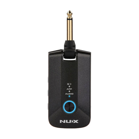 NU-X MP-3 Mighty Plug Pro headphone amplifier by AVSL in black with gold 6.35mm jack, blue LED control button, and app/audio indicators, on white.