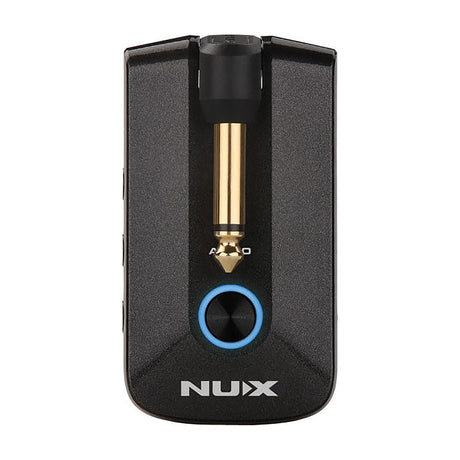 NU-X MP-3 Mighty Plug Pro headphone amplifier with gold 6.35mm jack plug and blue-ringed control dial on a black casing, shown on a white background.
