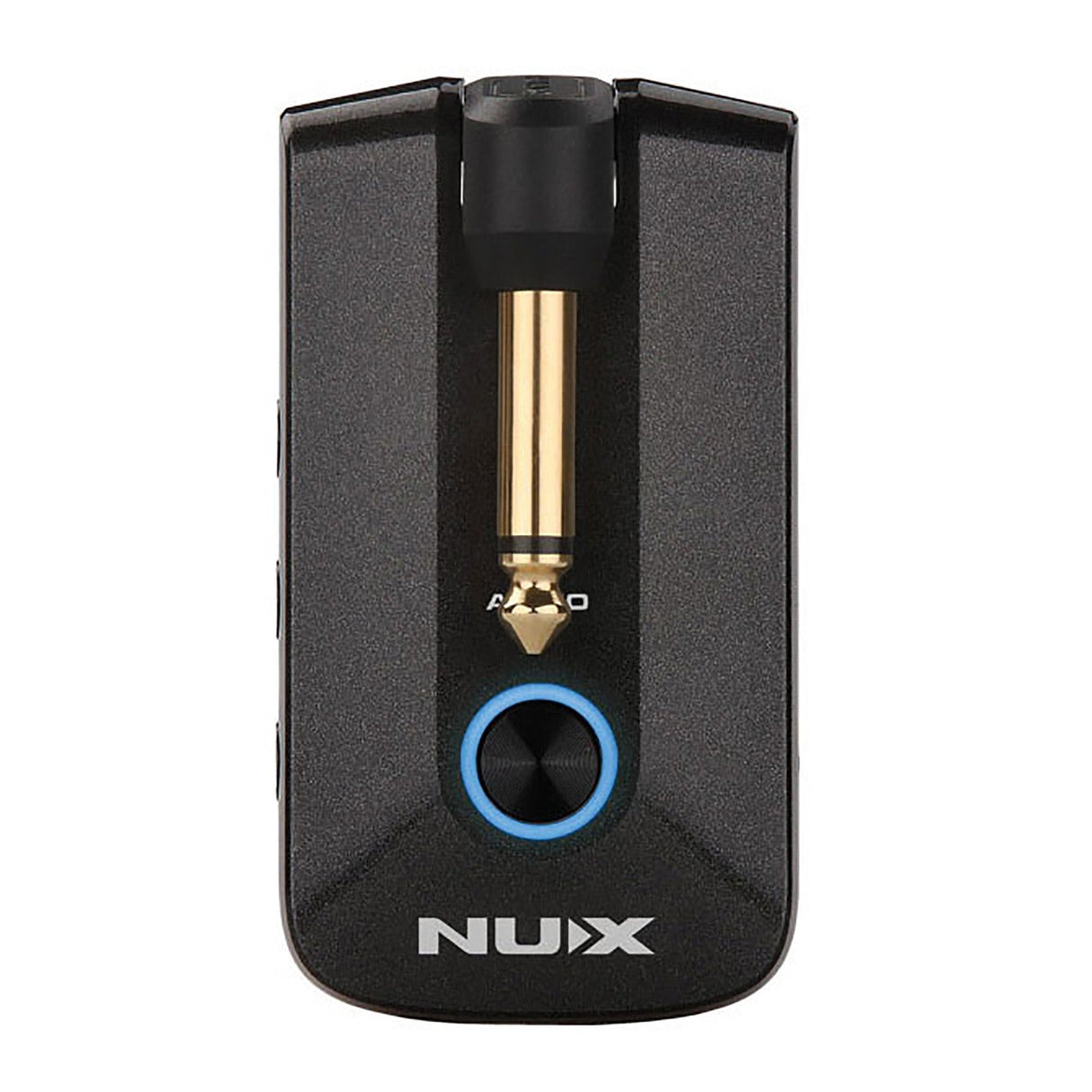 A NU-X Mighty Plug Pro Headphone Amplifier in black, featuring a gold plug and blue LED indicator on the front, with built-in wireless guitar transmitter capabilities for seamless practice sessions.